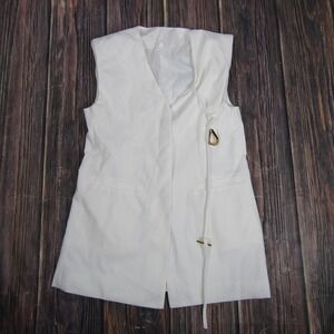 Commense Vest Womens Medium White Longline Sleeveless Blazer Tie Belt Waistcoat